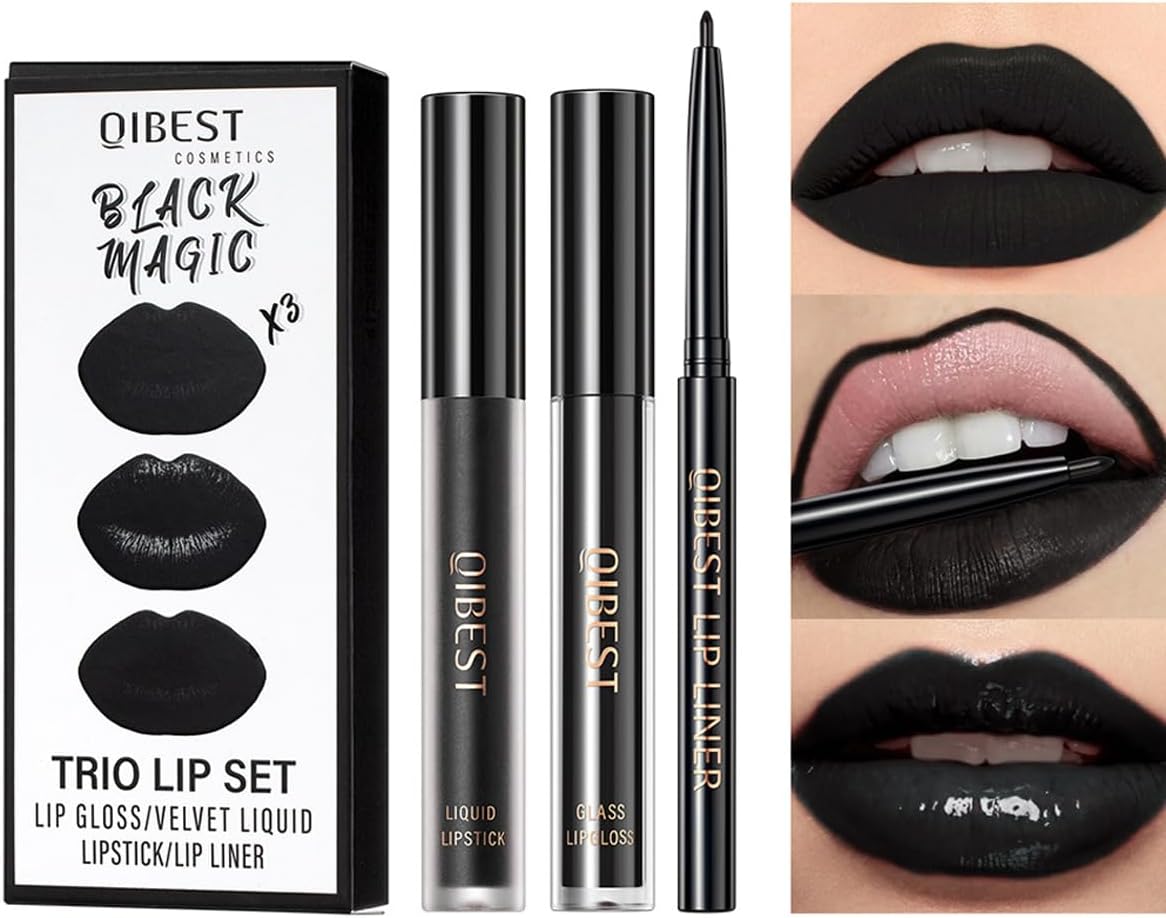 3Pcs Black Matte Liquid Lipstick,Lip Liner,Lip Gloss Trio Lip Set Waterproof Long-Lasting Moisturizing Velvety Lip Stain One Step Lips Makeup Kits (12#)
