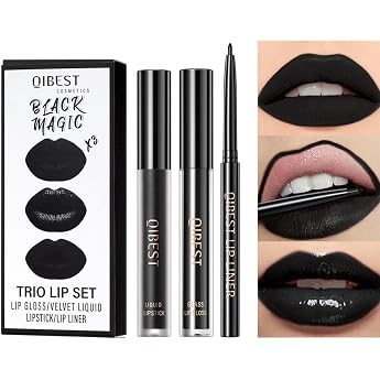 Set of 3 Black Matte Liquid Lipstick Lip Liner Lip Gloss Trio Lip Set Long-Lasting Waterproof Moisturising Velvet Lipsticks for Women