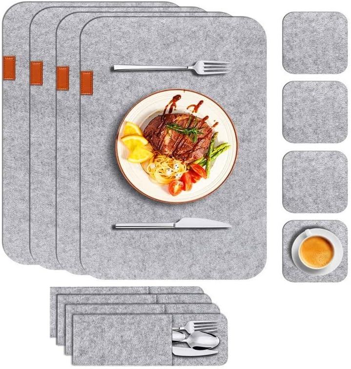 Placemats, Felt Cloth Placemats Set of 8 Heat Resistant Place Mats with Fork Bag Table Mats for Dining Table Kitchen Party(Light Gray)
