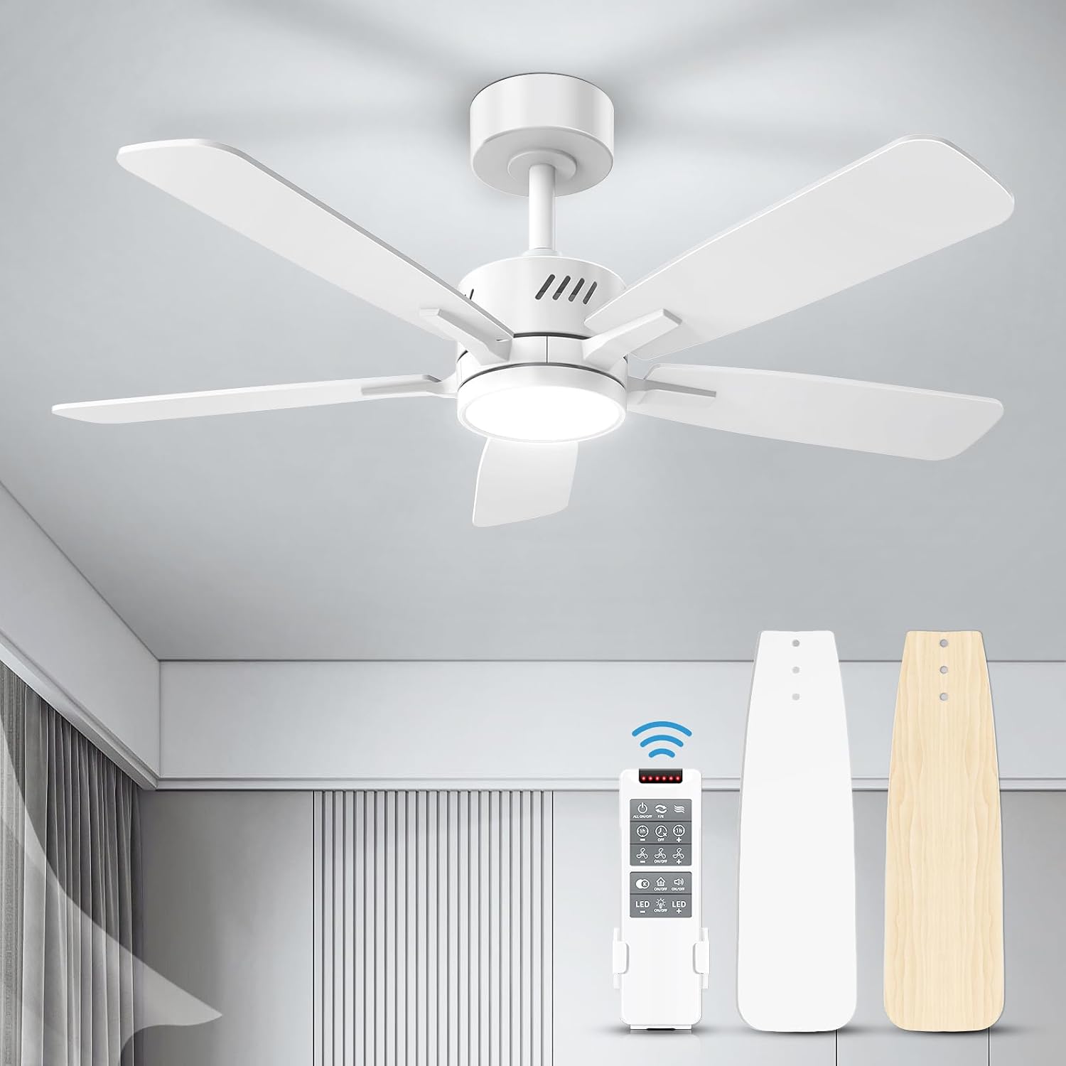 VOLISUN Low Profile Ceiling Fan with Light, 42 inch Flush Mount Ceiling Fan with Lights and Remote, 3CCT, Dimmable,Reversible, Noiseless, White Modern Ceiling Fan for Bedroom,Indoor/Outdoor Use