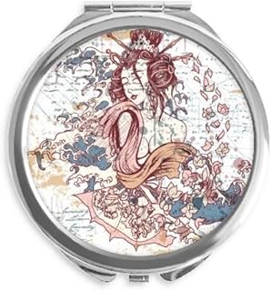 Geisha Kimono Fan Japan Waves Hand Compact Mirror Round Portable Pocket Glass