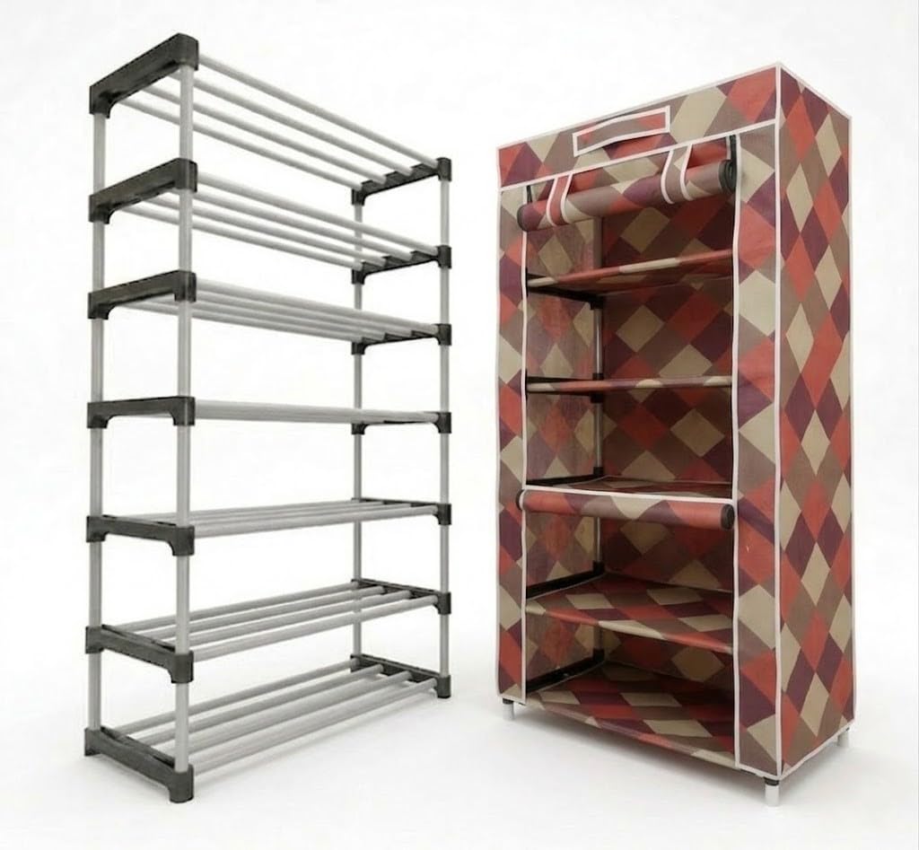 Chalia 6-Tier Multipurpose Organizer Rack with Mosaic Shield Dustproof Fabric Cover | Heavy-Duty Plastic Storage Stand for Shoes, Clothes, & Toys | Tool-Free Assembly (Red/Beige Pattern)-picture-11