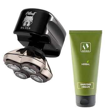Skull Shaver Pitbull Silver PRO: Electric Head Shaver for Men and Herbal Shaving Cream Bundle