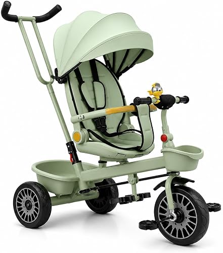 Baby Tricycle with Rotating Seat and Canopy, Green | Ages 2-6 Years, 25kg Load Capacity, Parent Push Handle, Safety Harness, EVA Foam Tyres