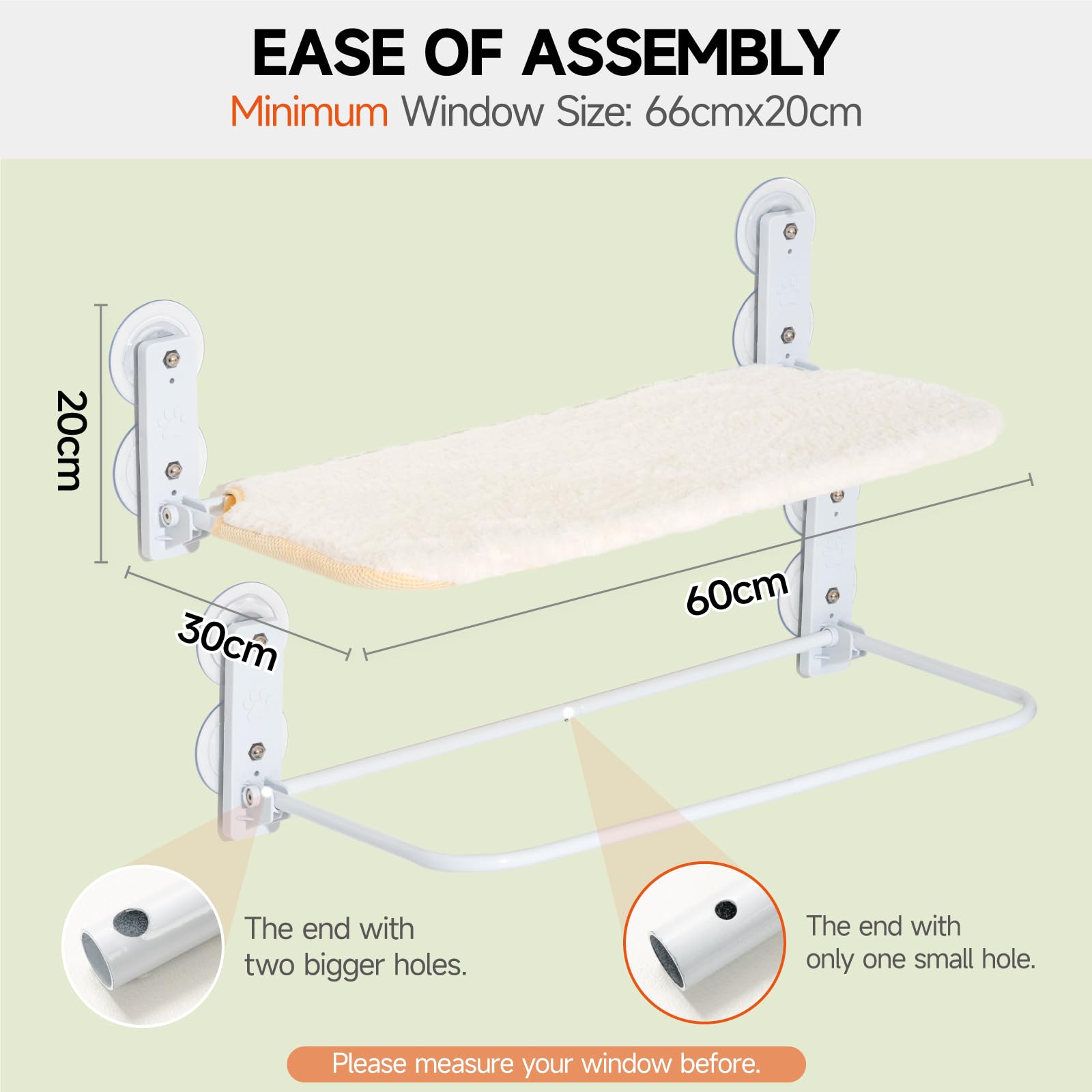 MEWOOFUN Cama de ventana para gatos, 60 x 30 cm, plegable, con ventosas estables, para hasta 18 kg, blanca