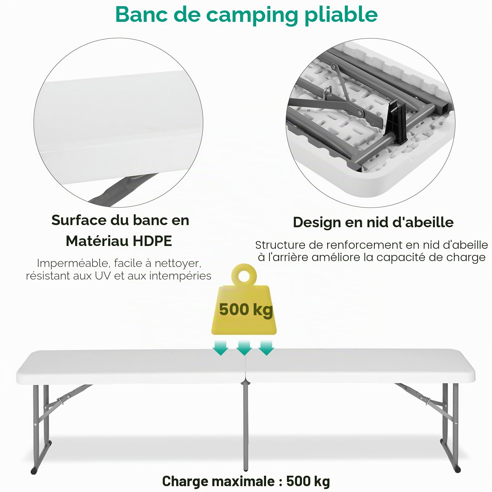 LIFERUN 2 pcs Bancs Pliables 183 cm,Banc de bière Pliant Camping avec poignée de Transport,Banc Pliable Camping Structure en Acier et Plateau en Plastique HDPE,pour Jardin Fête Barbecue Pique-Nique