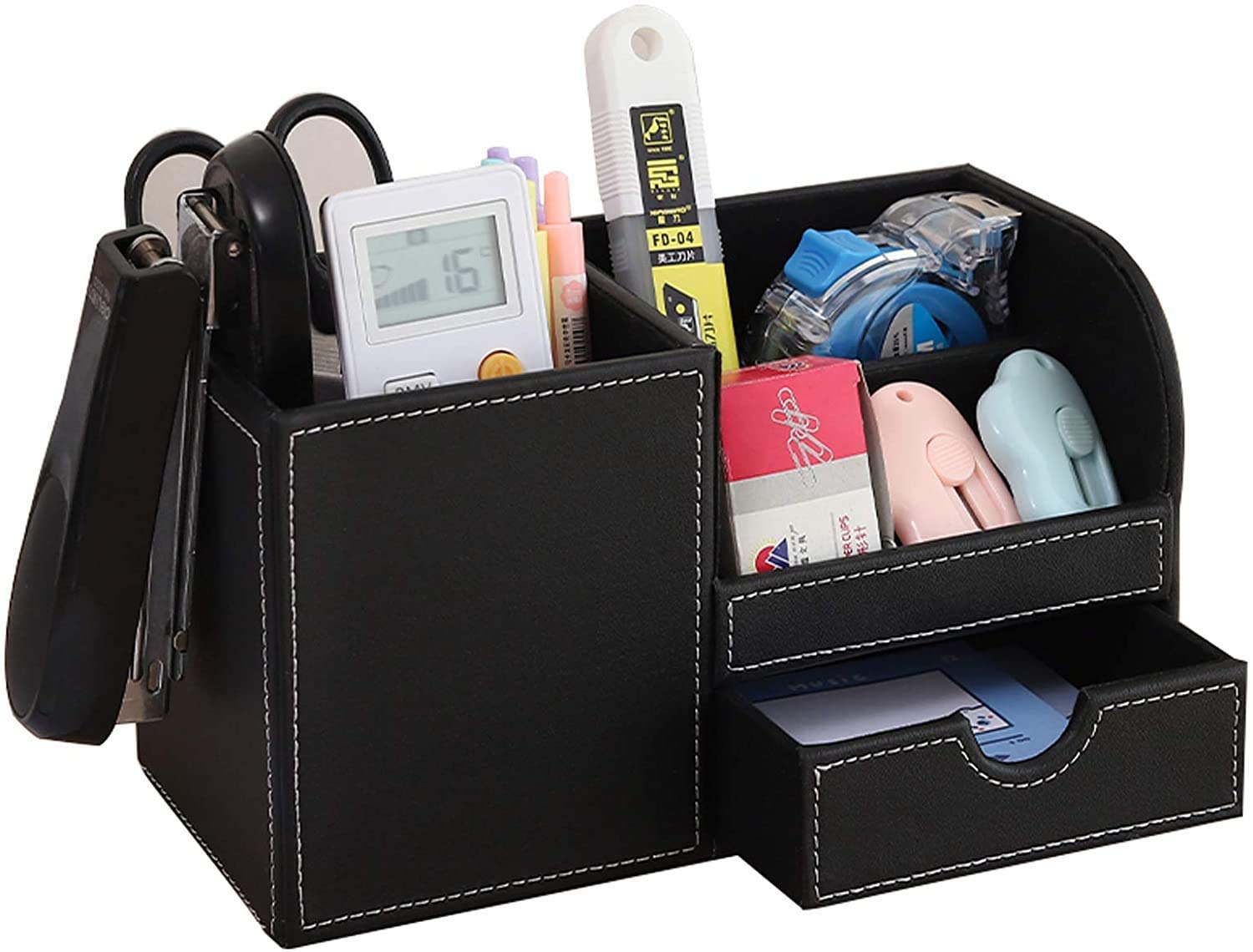 Bürobedarf, Stiftehalter, Organizer für Schreibtisch, PU-Leder, Schreibtisch-Briefpapier-Organizer und TV-Caddy, Fernbedienungs-Organizer mit 1 Schublade, Schwarz