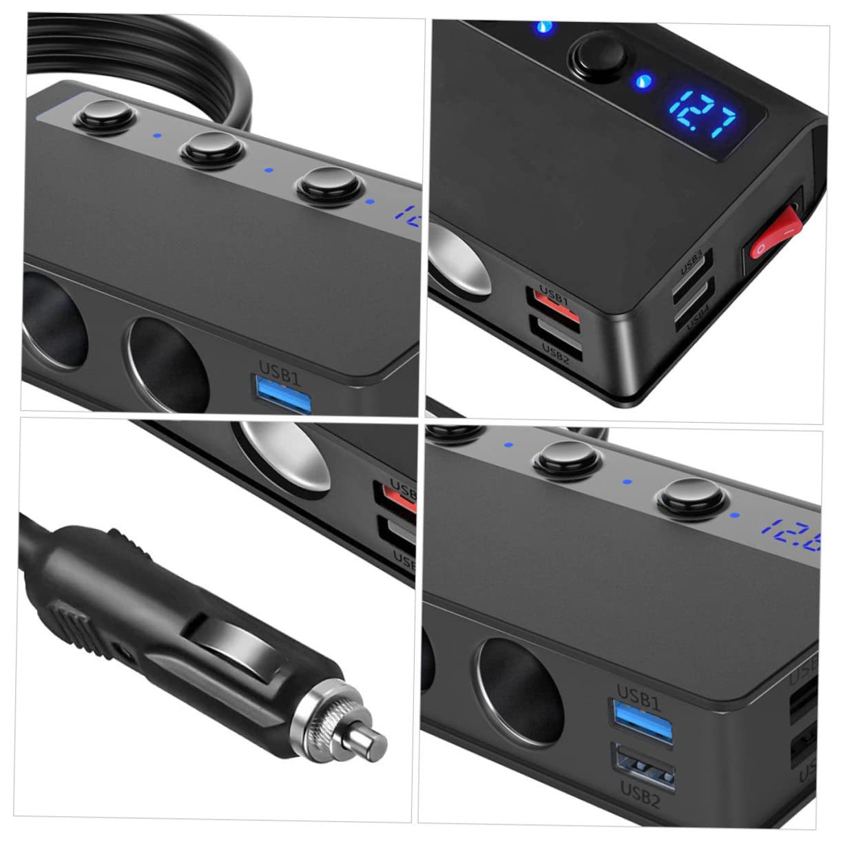 SHINEOFI Caricatore Auto USB Sdoppiatore Accendisigari 180w, 4 Porte e Interruttore Indipendente, Monitor Tensione per Auto