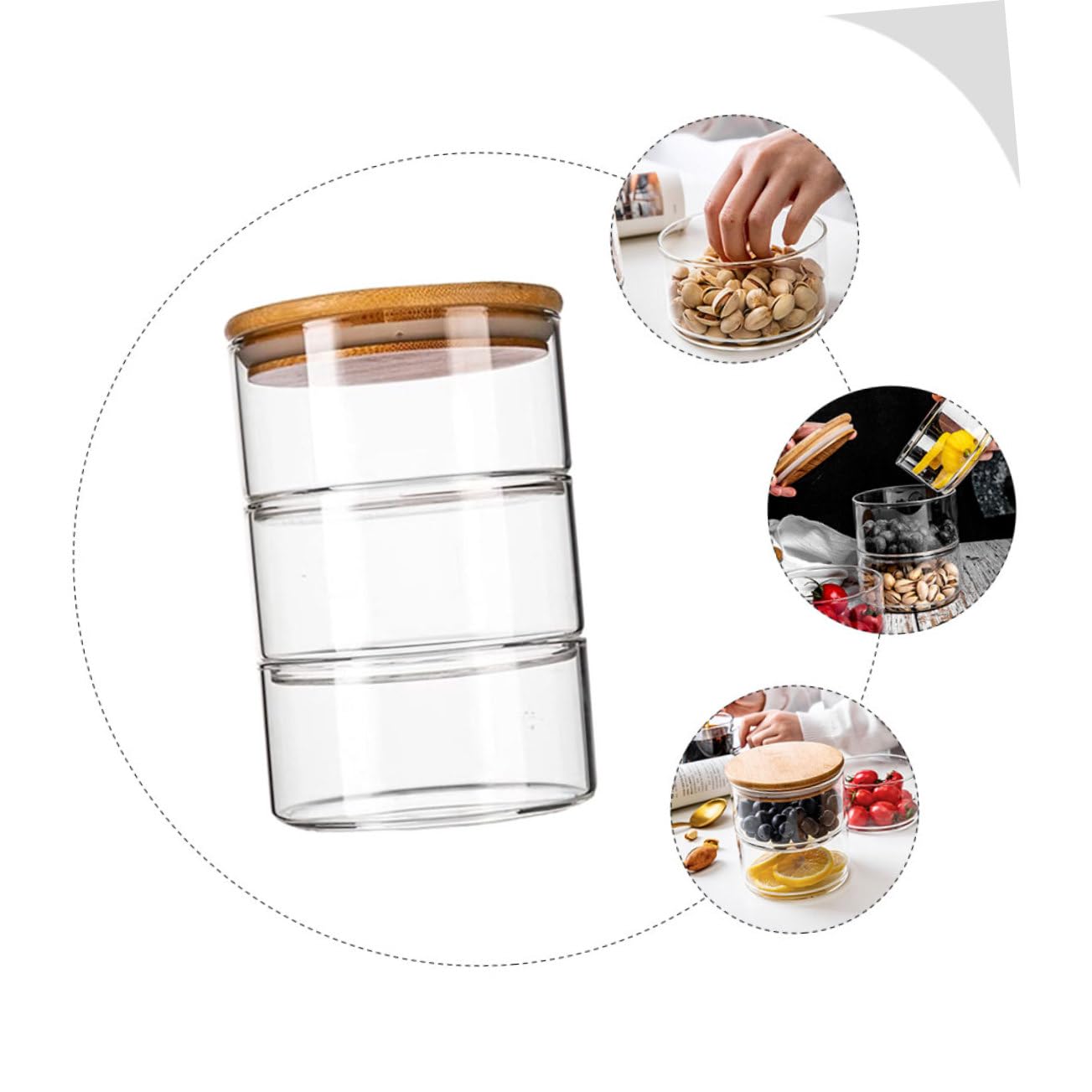 Luxshiny Transparente Glasschüssel mit Bambusdeckel Stapelbarer Kühlschrank Organizer Platzsparende Frischhalteschale für Obst und Salat Leicht zu Reinigen