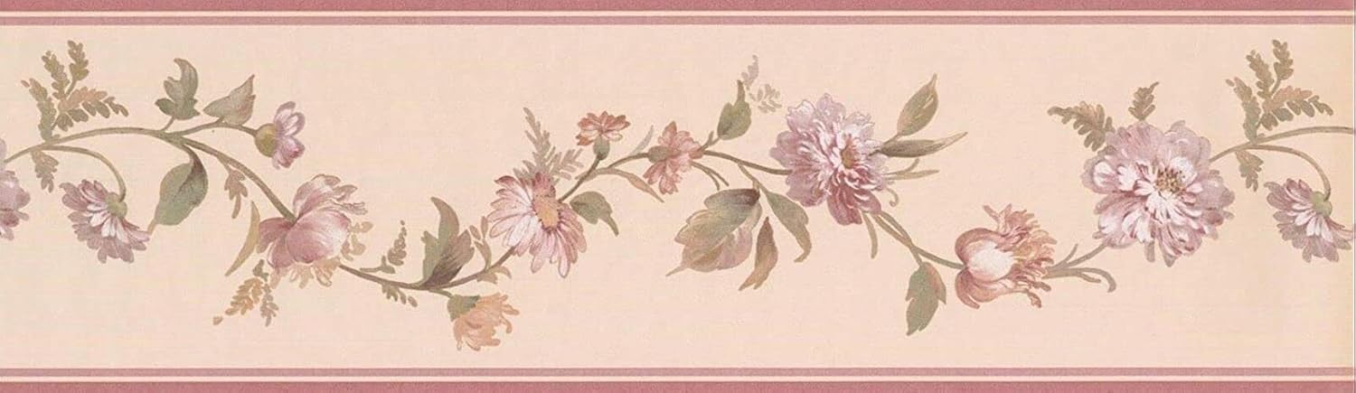 CONCORD WALLCOVERINGS ™ Wallpaper Border Floral Pattern Flowers Leaves for Bedroom Living Room Bathroom, Pink Cream Green, 15 ft by 7 in 51306040