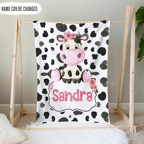 Vista 93 de Hyturtle Manta personalizada con estampado de vaca con nombre, mantas de bebé personalizadas para niños y niñas con estampado de vaca blanca y Vaca 7
