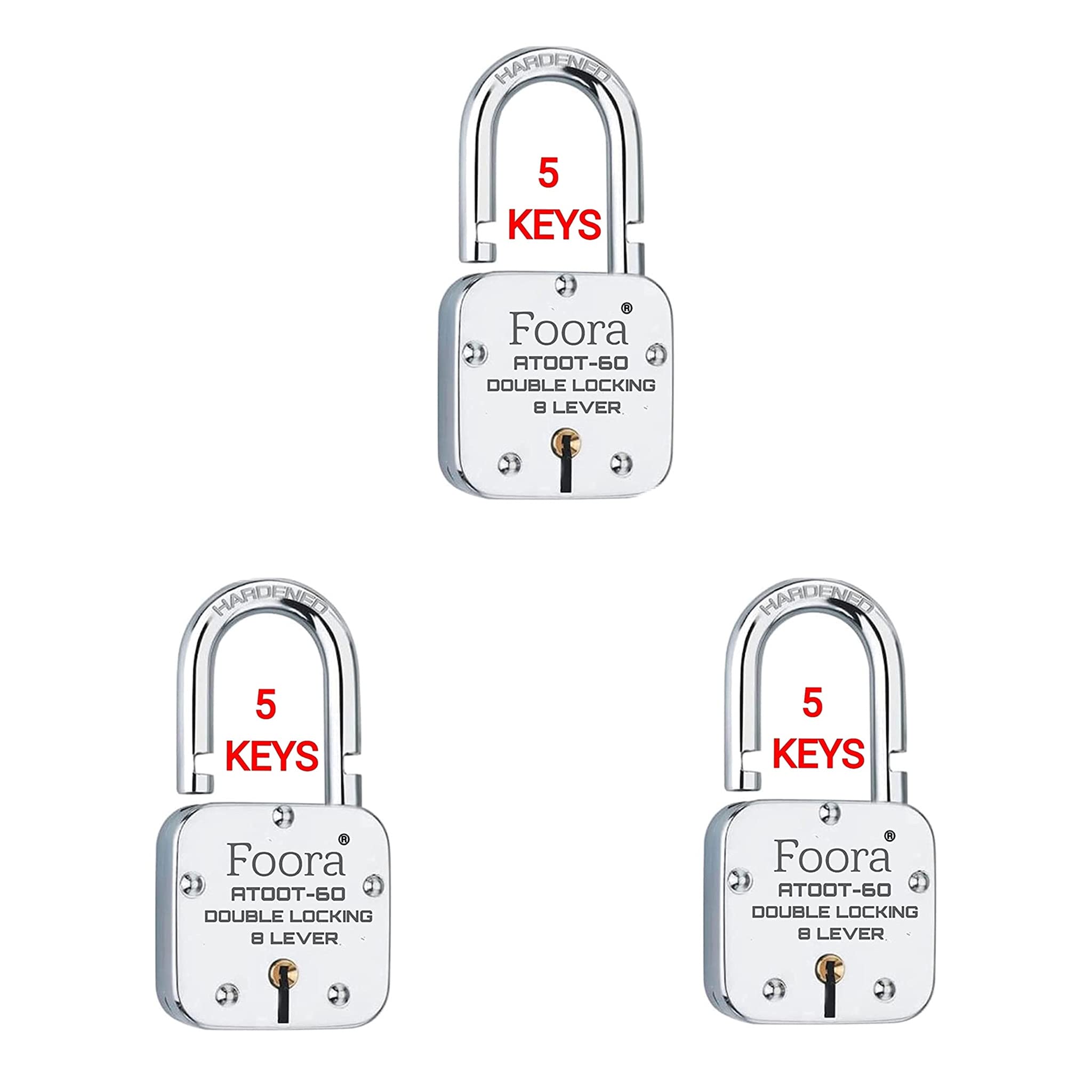 Foora 5 Key Lock ATOOT 60mm with Hardened Steel Shackle,Double Locking,8 levers Silver Finish Pack of 3 (B09FXRLRPG) Amazon Price History, Amazon Price Tracker