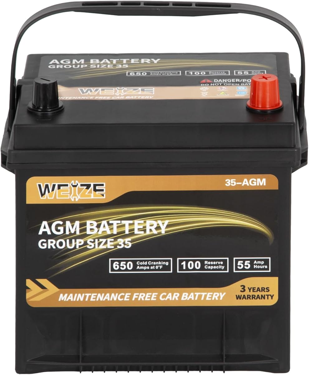 Weize Platinum AGM Battery BCI Group 35 Automotive Battery, 100RC, 650CCA, 36 Months Warranty, Dimensions 9.06" L x 6.89" W x 8.82" H