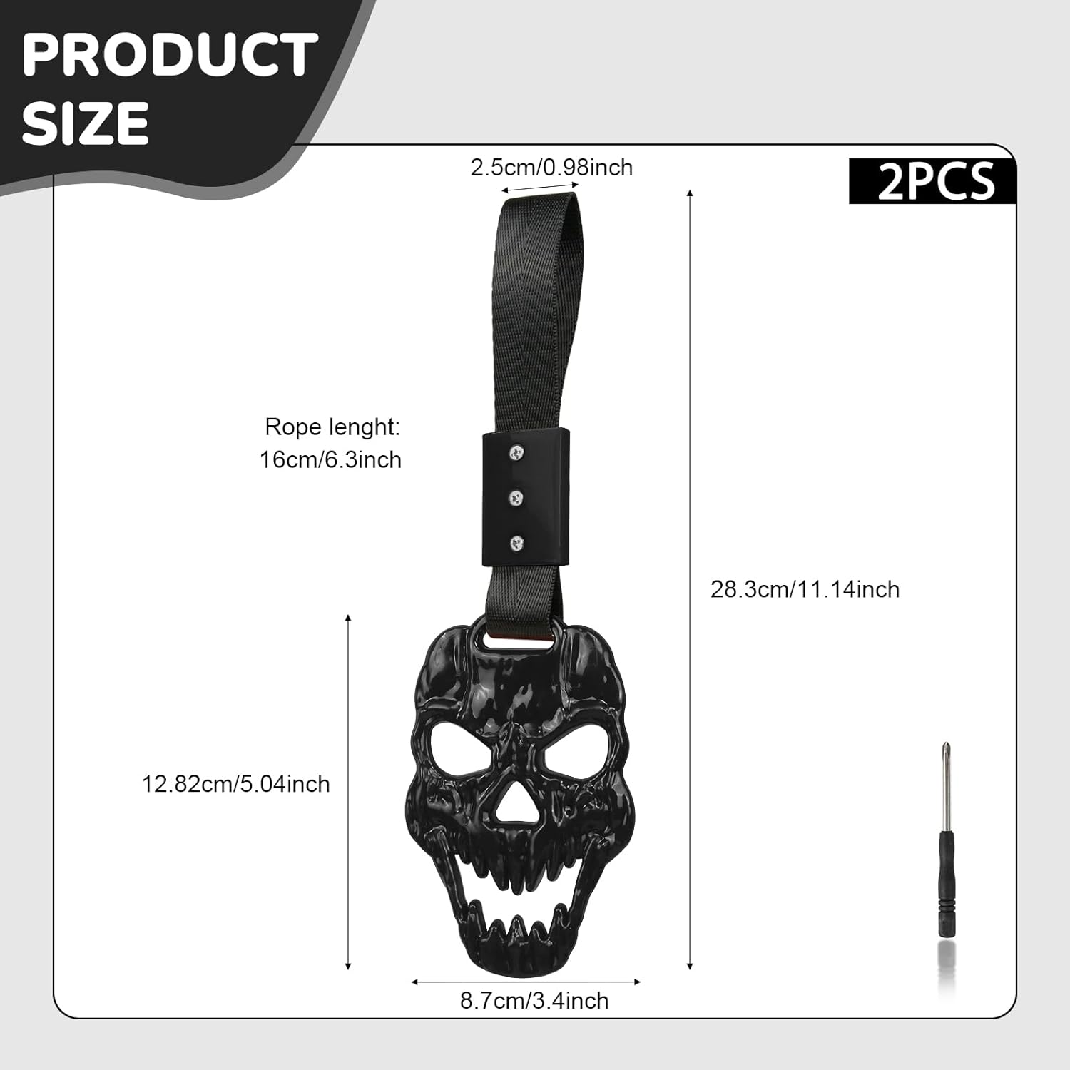 Skull Decor Car Handle Strap 2PCS, Horror Skeleton Truck Hanging Charm Spooky Front Rear Bumper Grill Warning Ring Gothic Skull Car Accessories for Men Women(Black) - Image 7
