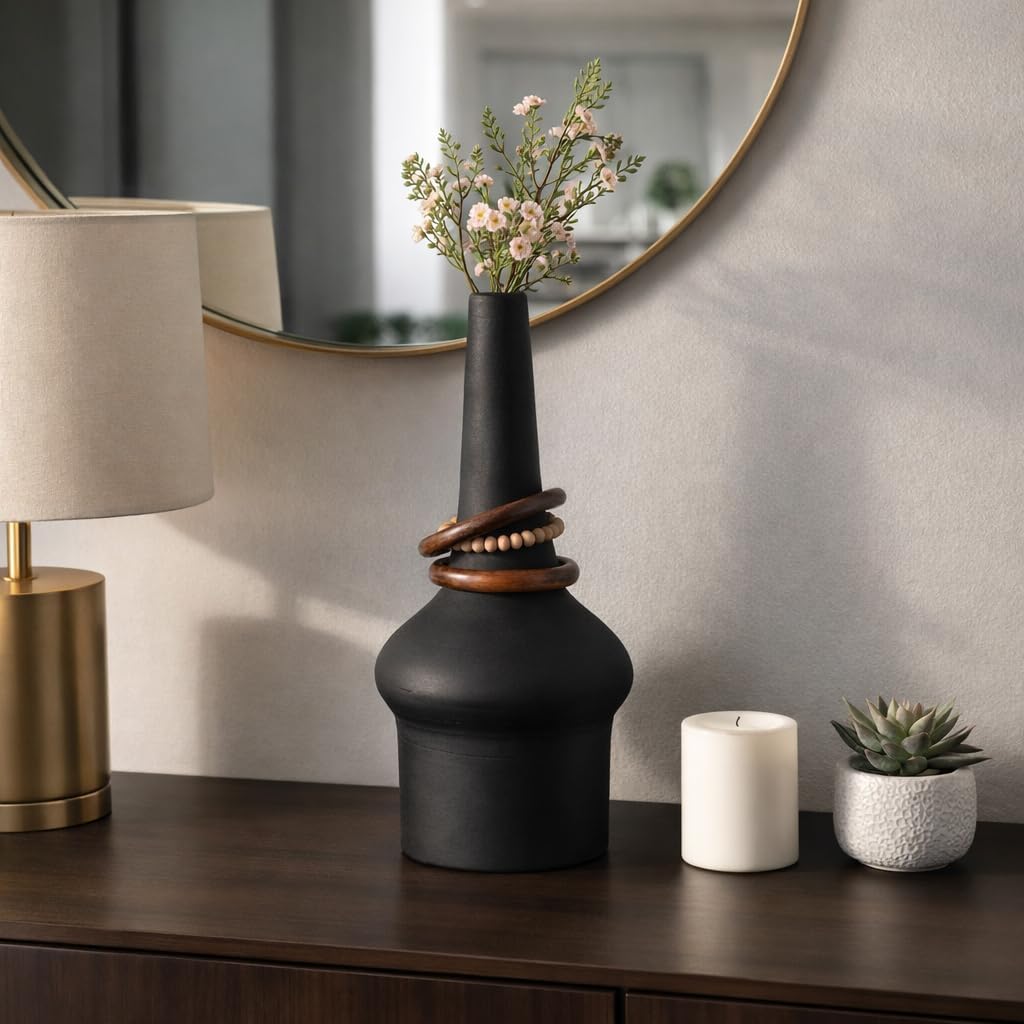 Large Decorative Vase with Wood Beads for Living Room Decor - Tall Flower Vase for Home Centerpiece, Bedroom Vanity, and Kitchen Counter - Accent Display for Office Tabletop - 21", Black & Brown