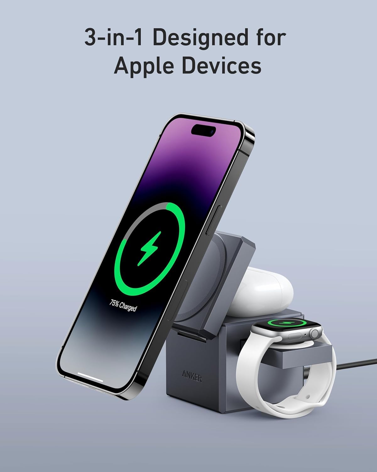Anker MagSafe - Supporto caricabatterie wireless, cubo 3 in 1, supporto pieghevole per ricarica rapida da 15 W, per iPhone 17/16/15, Apple Watch 1-8/Ultra, AirPods (caricatore USB-C da 30 W e panno di