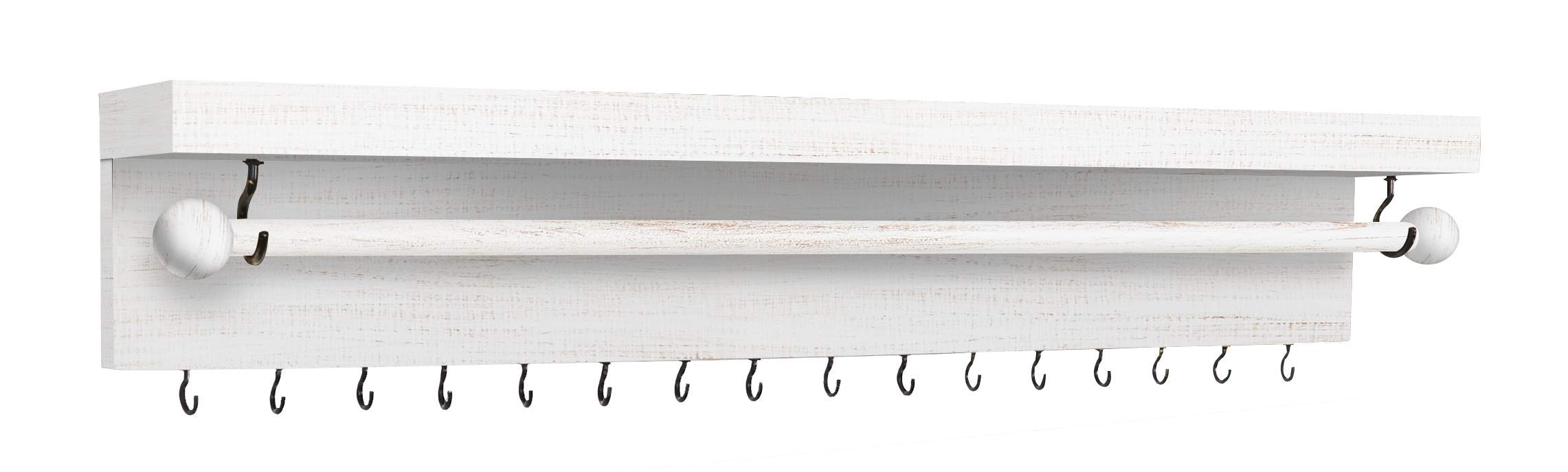 Rustic White Necklace Jewelry Organizer - Wall Mount Jewelry Holder - Mounted Hanging Jewelry Storage Hooks for Necklace, Earrings, and Rings - Farmhouse Wood Decor Bedroom Boho Shelf Rack