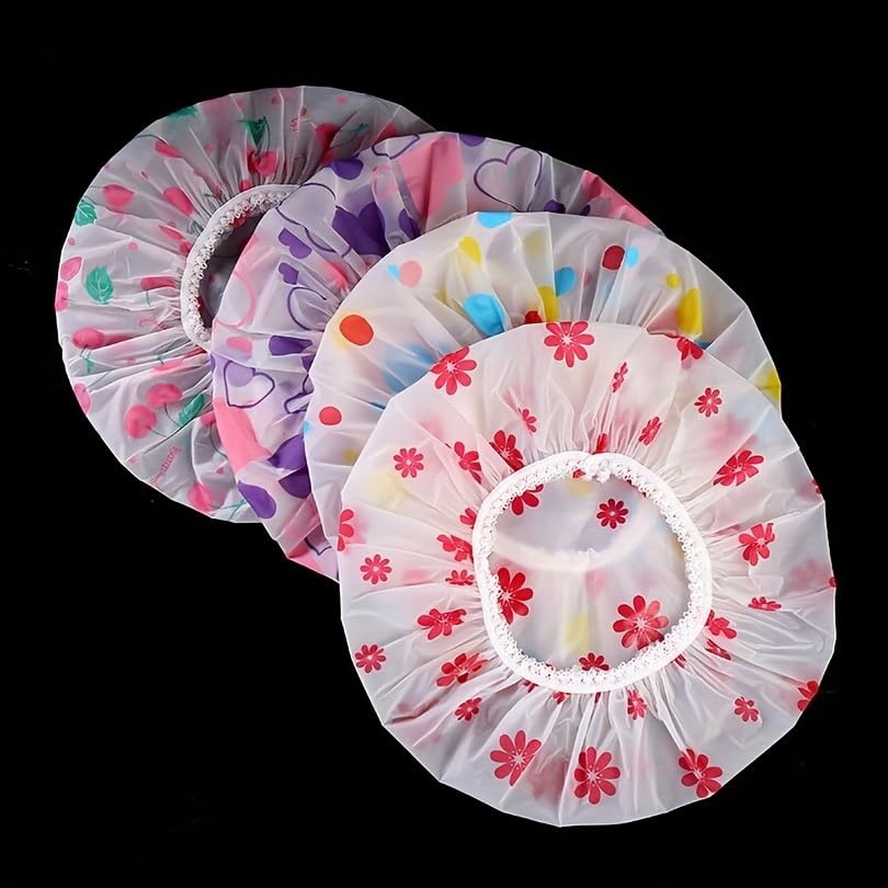Shower Cap Set, 5 Piece Thickened Elastic Reusable Printed Design, Adjustable Bathroom Accessories