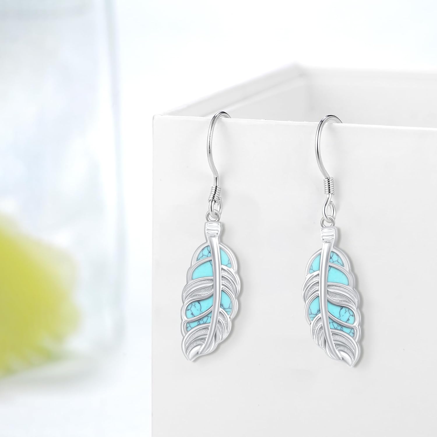 Feather Earrings 925 Sterling Silver Turquoise Western Country Native American Dangling Earrings Jewelry Gift for Women