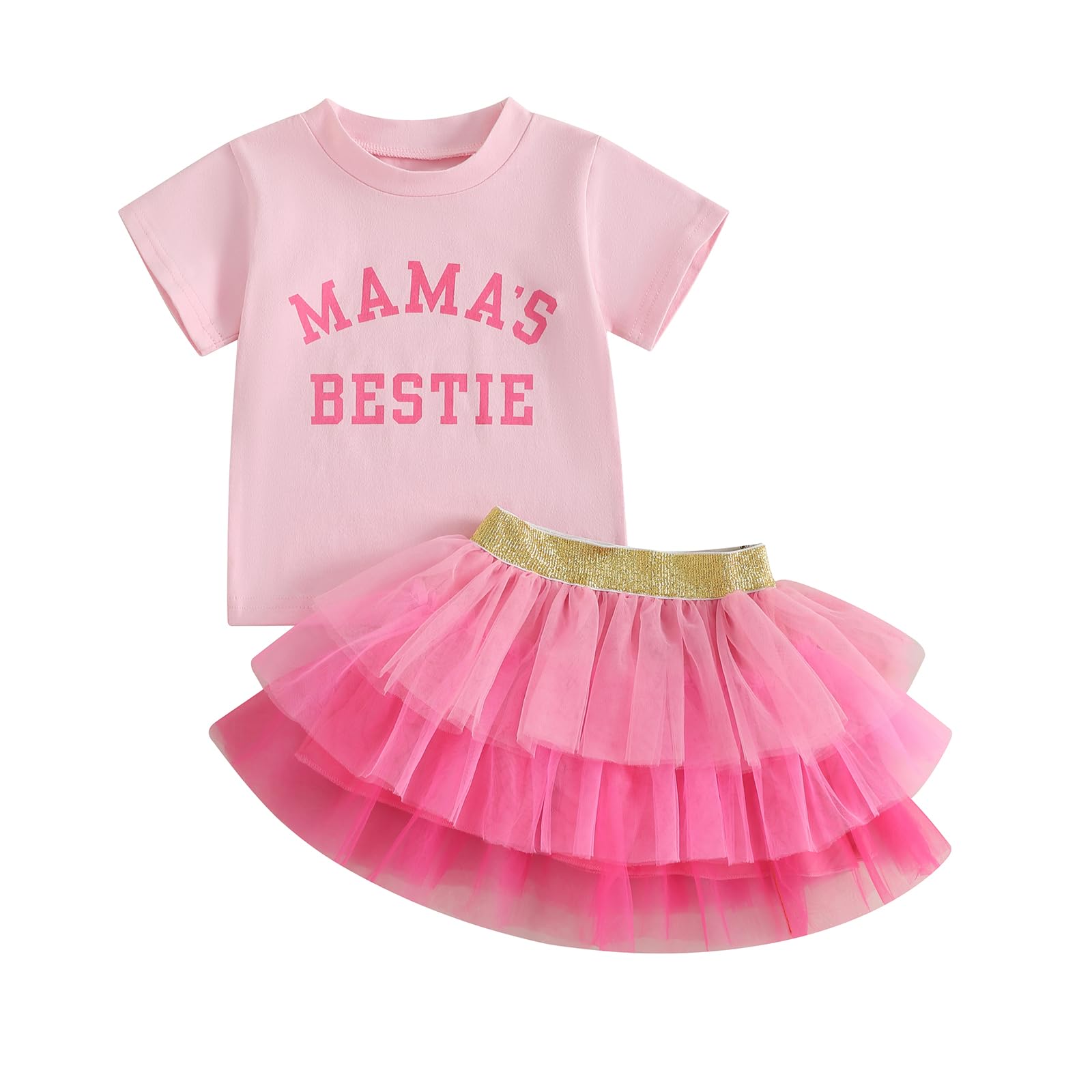 Toddler Baby Girl Clothes Mama's Bestie Short Sleeve T-shirt Top Ruffle Tulle Skirt 2Pcs Summer Outfit Set (Pink, 4-5T)