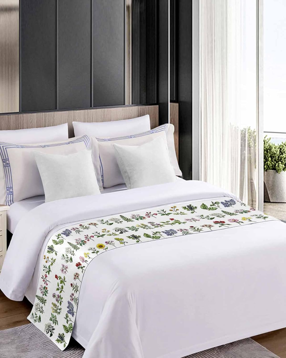 Farmhouse Bloom Sketch Floral Bed Runners for Bedroom Hotel,Decorative Bedding Scarf Garden Colorful Flower on White Bed End Blanket Bedding Runner Scarves for Full Size Bed,83x20in