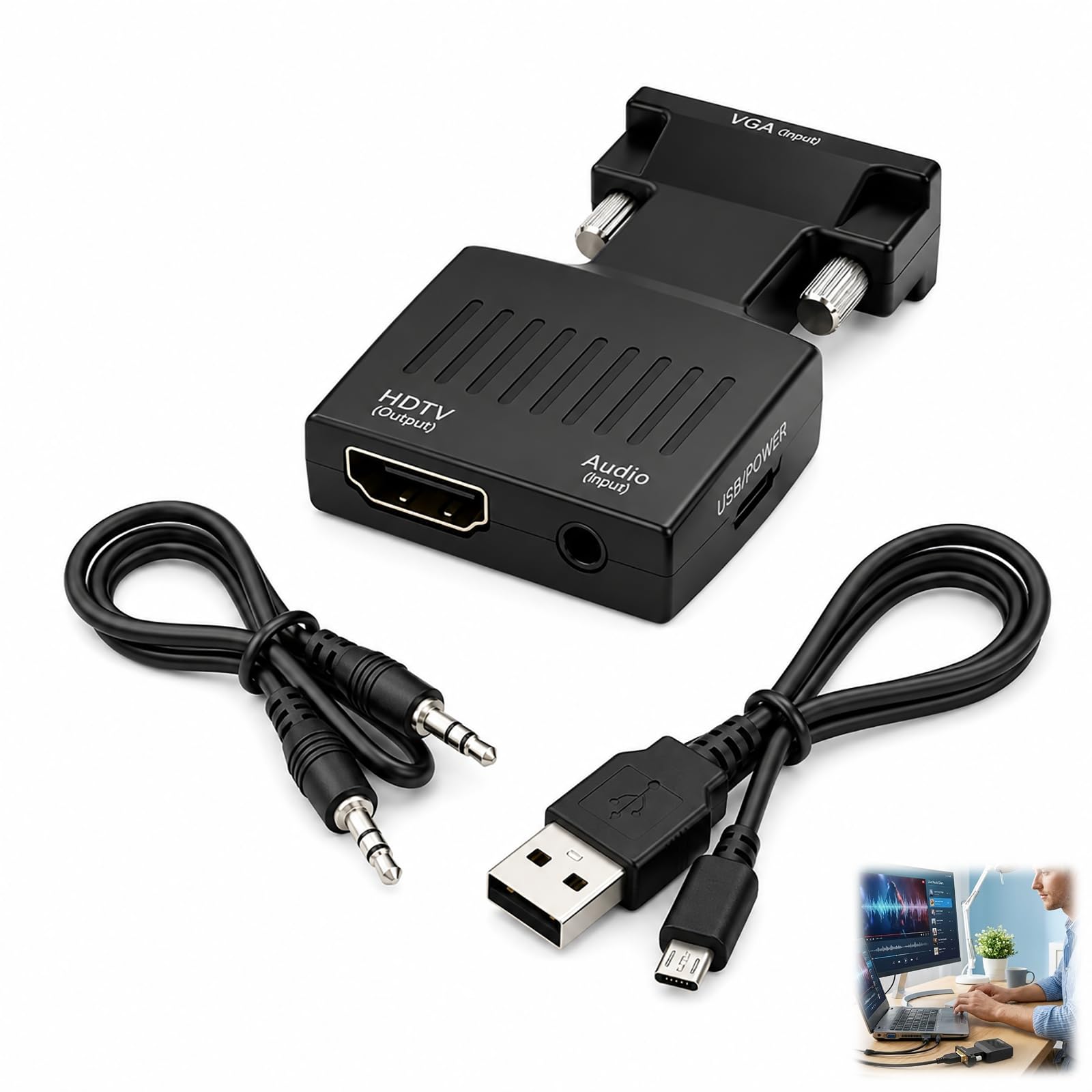 VGA auf HDMI Adapter, VGA zu HDMI Konverter mit Audio 1080P Aktiv Konverter VGA Stecker zu HDMI Buchse für PC Laptop Monitor TV Beamer Projektor HDTV inklusive USB Stromkabel und Audiokabel