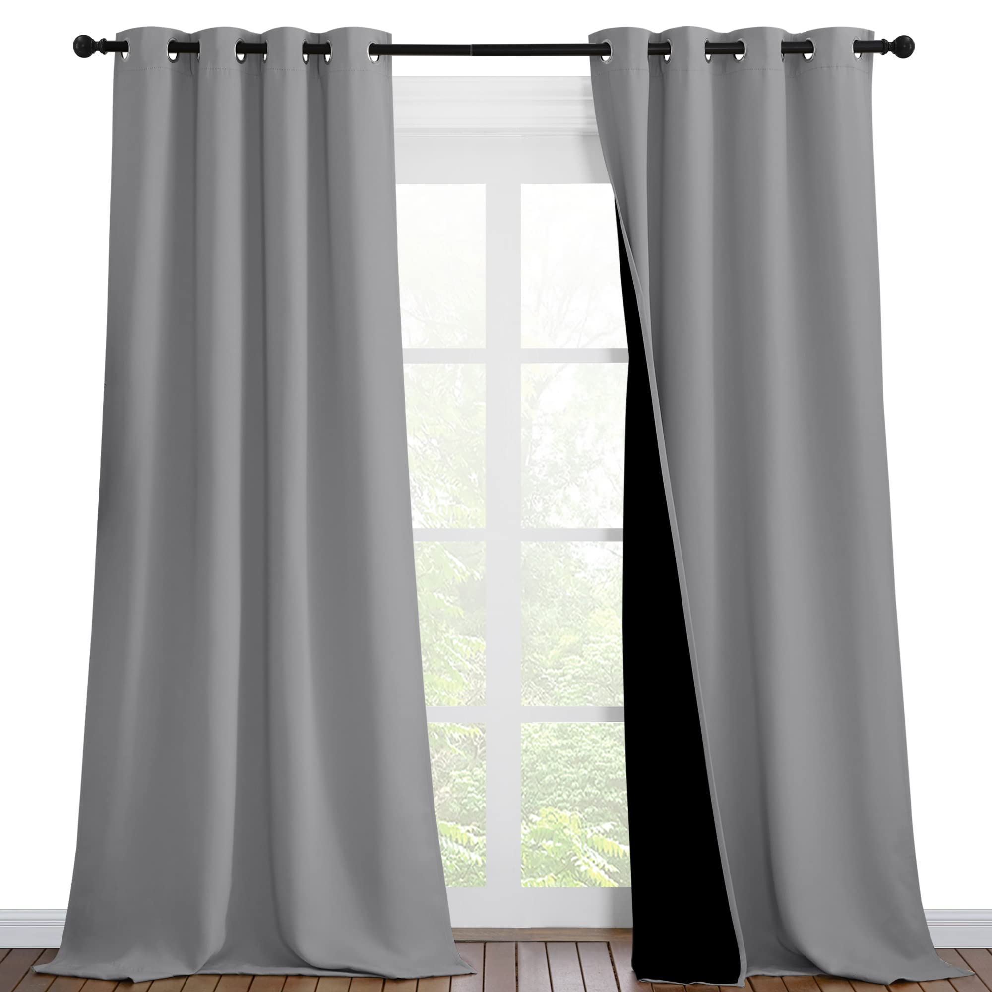 NICETOWN Total Shade Curtains and Draperies, Heavy-Duty Full Light Shading Drapes with Black Liner Backing for Villa/Hall/Dorm Window（Silver Grey, Package of 2 Panels, 46 inches Wide x 90 inches Long