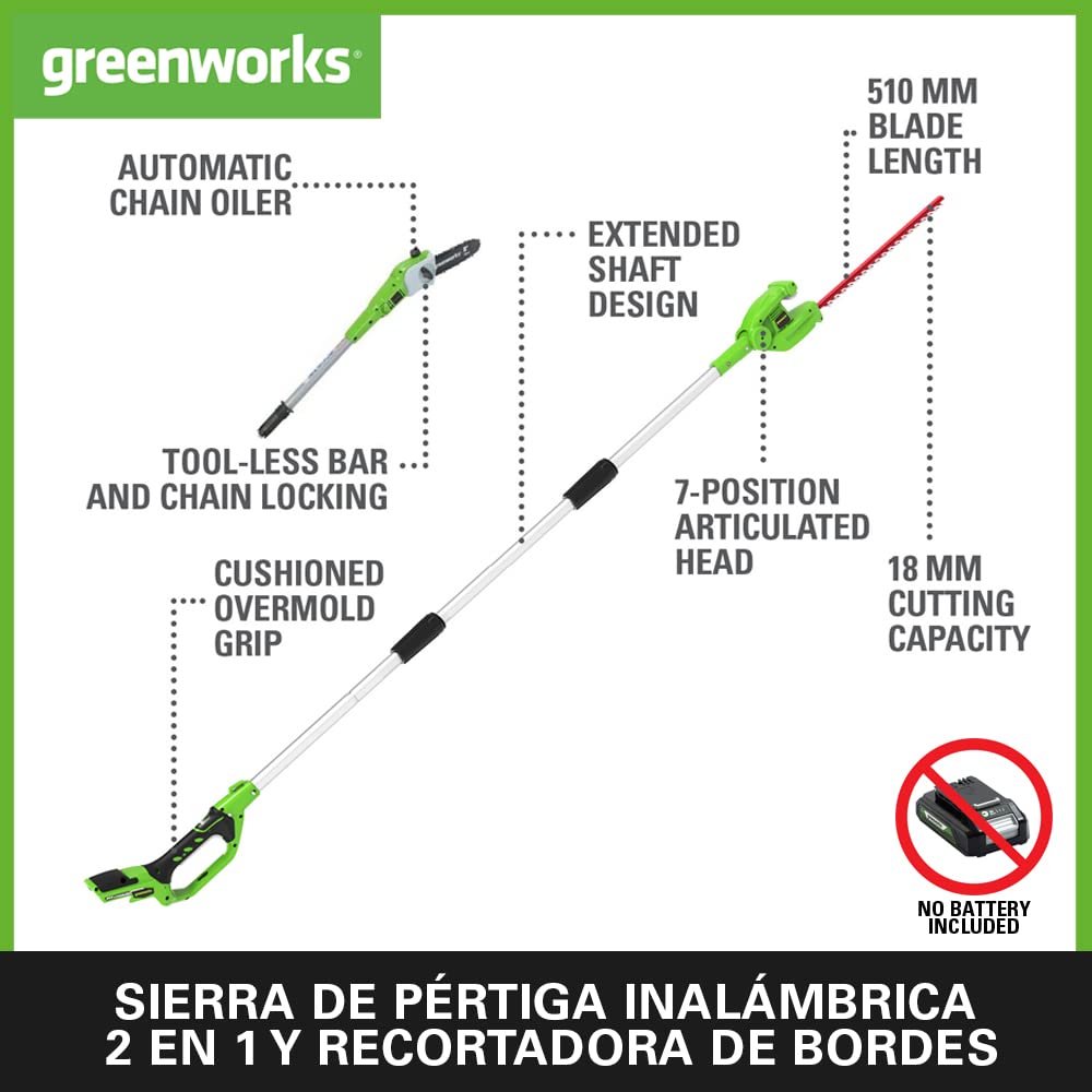 Greenworks G24PSH 2/1 Sierra y Cortasetos Pértiga a Batería con Correa Hombro, Barra Sierra 20 cm, Cortasetos 51 cm y Cuchillas Doble Acción SIN Batería 24 V ni Cargador, 3 Años de Garantía