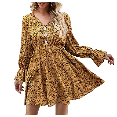 BESSKY Women Flared Long Sleeve Dresses Leopard Print V-Neck Mini A-Line Empire Dress (Yellow)