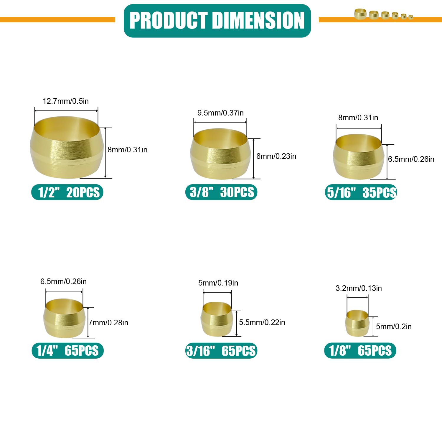 280PCS Brass Compression Sleeves Ferrules, 6 Sizes 1/2