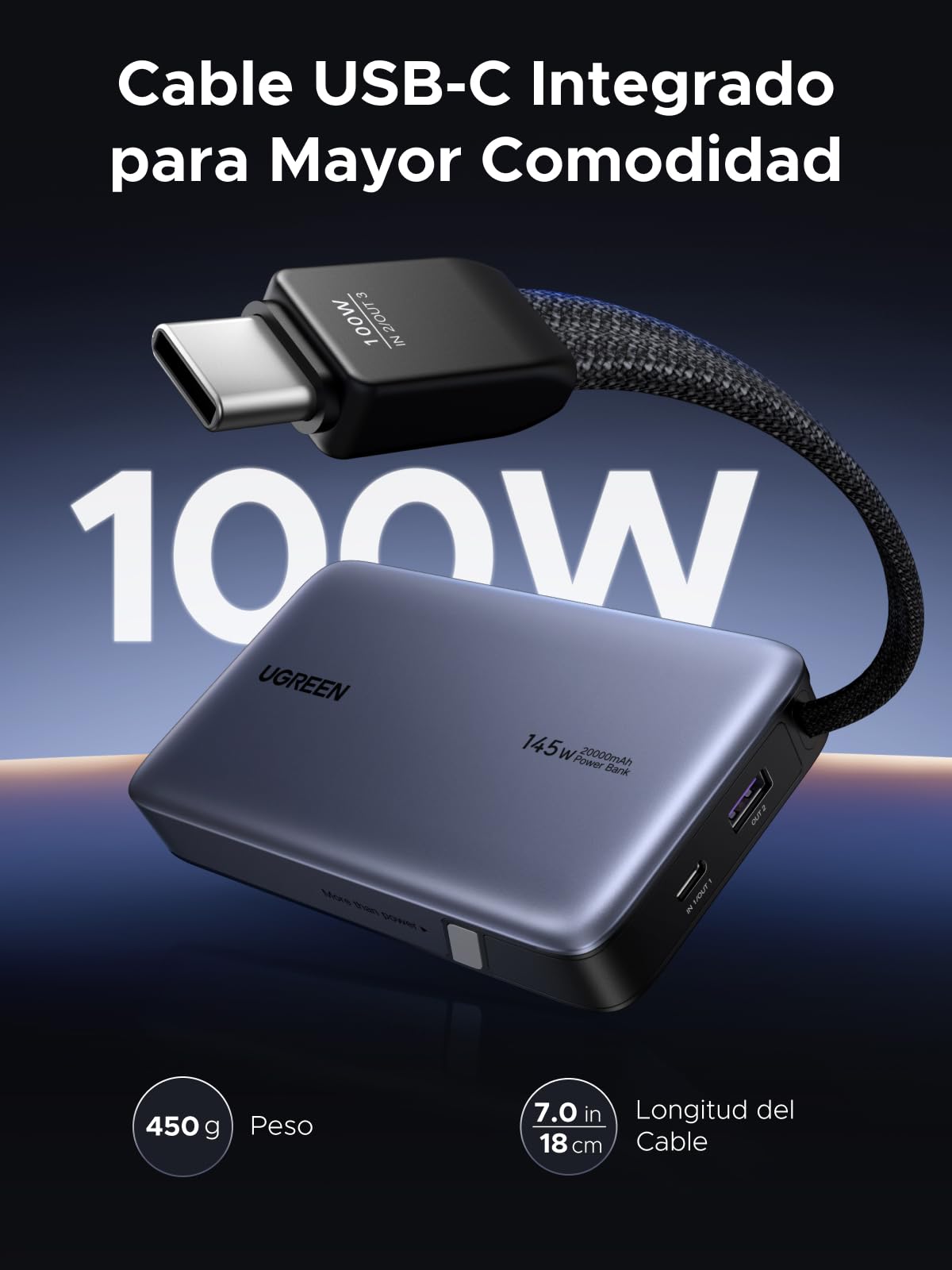 UGREEN Nexode 145W Power Bank 20000mAh Batería Externa Carga Rápida PD3.0 100W Cable USB C Integrado Cargador Portátil PC LED Compatible con iPhone 17 16 15 Plus Pro MAX Galaxy S25 S24 MacBook iPad