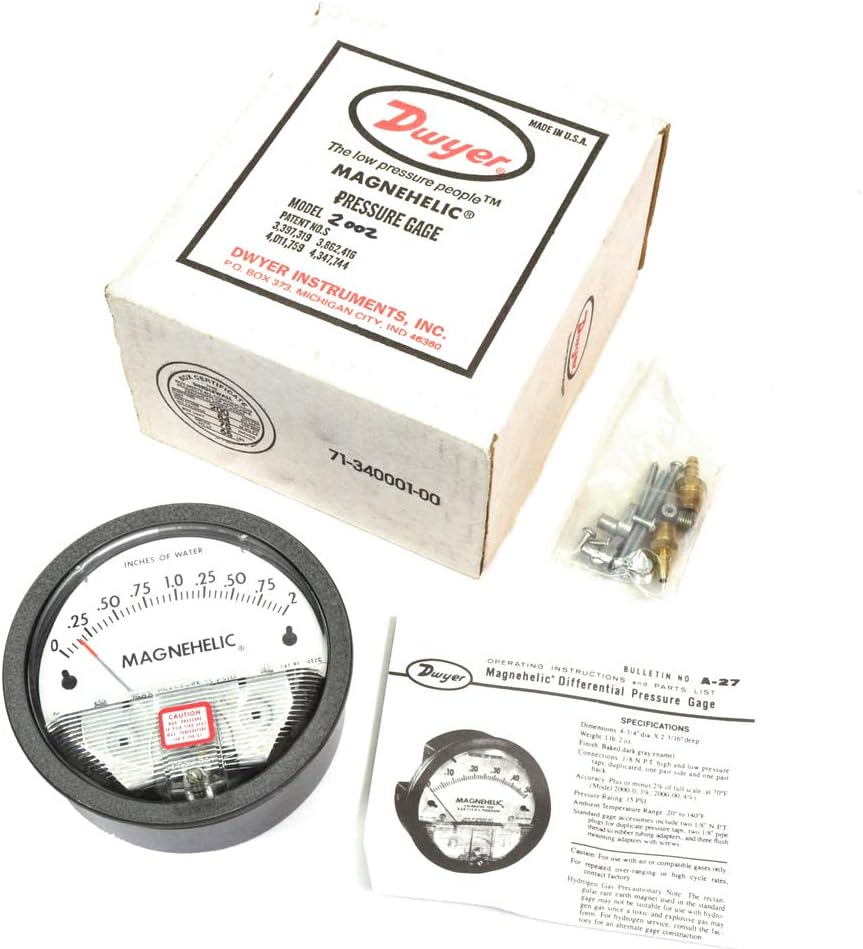 2002 Magnehelic Differential Pressure Gauge, Type, 0 to 2" WC