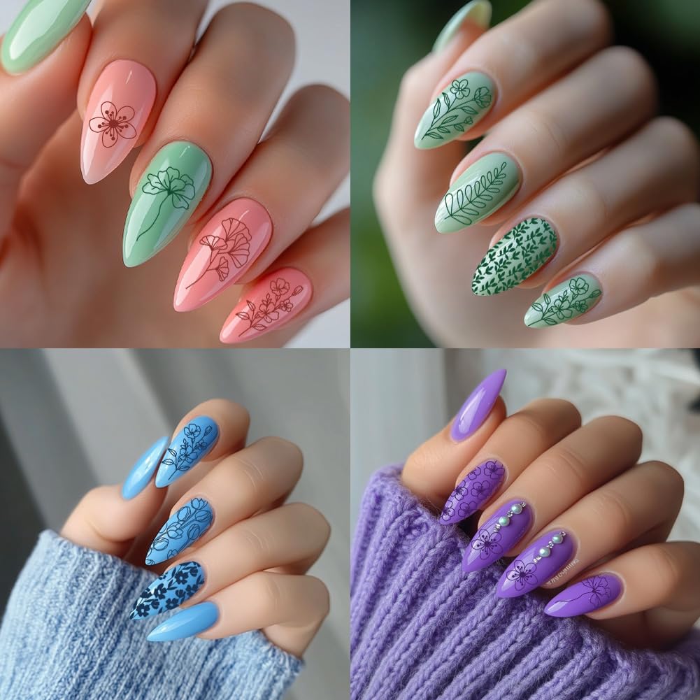 PH PandaHall 3 placas de estampado de uñas, 77 patrones de flores, hojas de flores, plantillas de arte de uñas, plantillas de arte de uñas de acero inoxidable, placas de imagen de uñas para mujer,