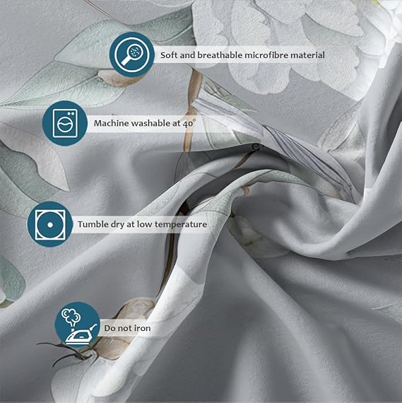 Peony Flower Bedding Rustic Butterfly Bird Grey Soft 3-Piece Bedroom Decor Chinese Oriental Duvet Cover with Zipper 2 Pillow Shams Double