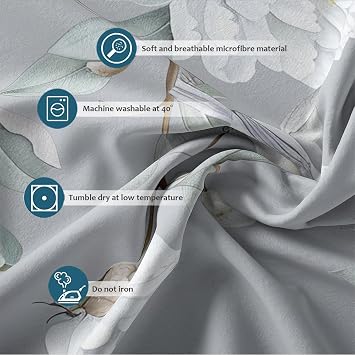 Peony Flower Bedding Rustic Butterfly Bird Grey Soft 3-Piece Bedroom Decor Chinese Oriental Duvet Cover with Zipper 2 Pillow Shams Double