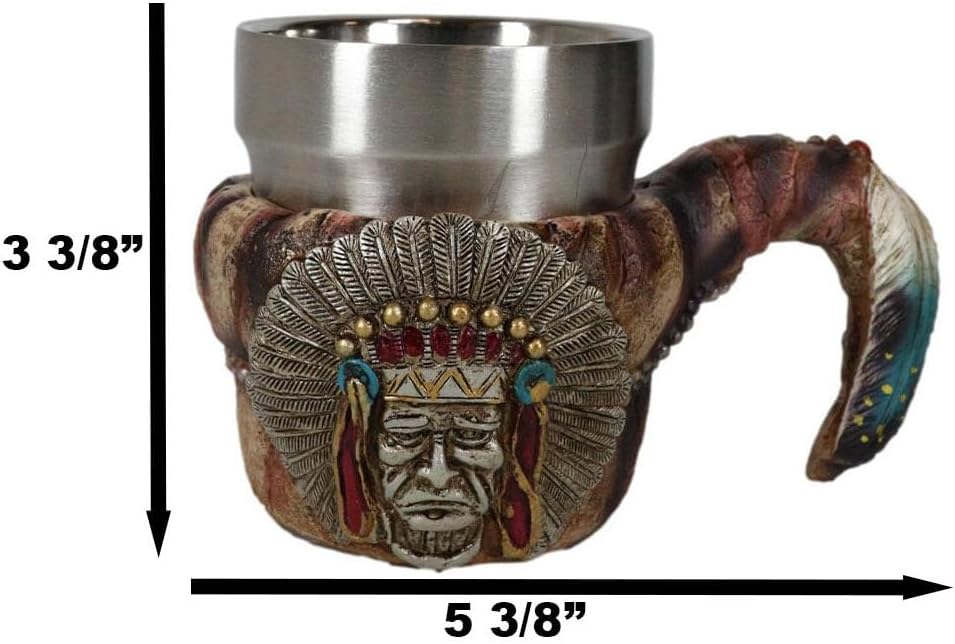 Ebros Gift Native American Indian Tribal Chief Warrior With Eagle Roach Feather Handle Coffee Mug Drink Cup Tankard Beer Stein 7oz