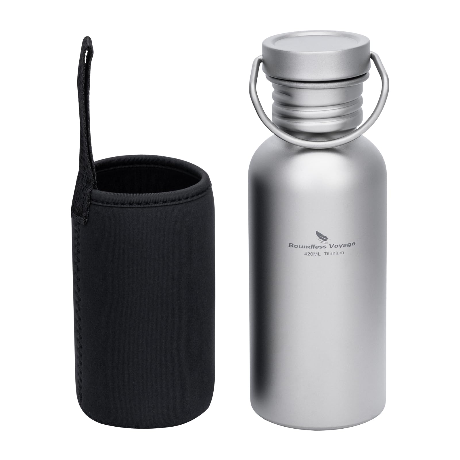 Boundless Voyage Titanium Water Bottle with Hanging Ring, Outdoor Camping Sports Hydration Container with Cup Sleeve, Can Be Heated Over An Open Flame (S-420ml-gray)