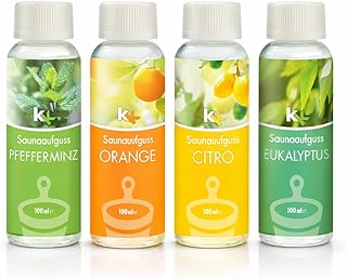 Saunaaufguss-Set 4er | Premium Saunaduft-Set mit Eukalyptus, Orange, Zitrone & Pfefferminz | Hochwertige Sauna Aufgussmittel 4×100 ml | Made in Germany | Intensives Aroma & Geschenkidee