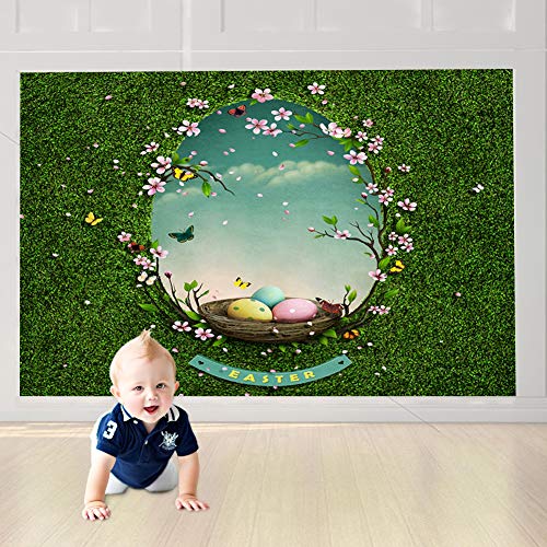 Pano de pano de fundo de páscoa Yanuten, grama verde, ovos coloridos e fundo de céu para fotografia