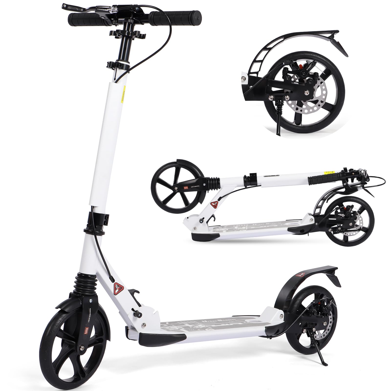 Adult Scooter with Disc Handbrake, Lightweight Easy Folding Kick Scooter Push Street Scooter with Dual Suspension Adjustable Handlebar, 200mm Wheels for Adults Teens Ages 14+ (White)