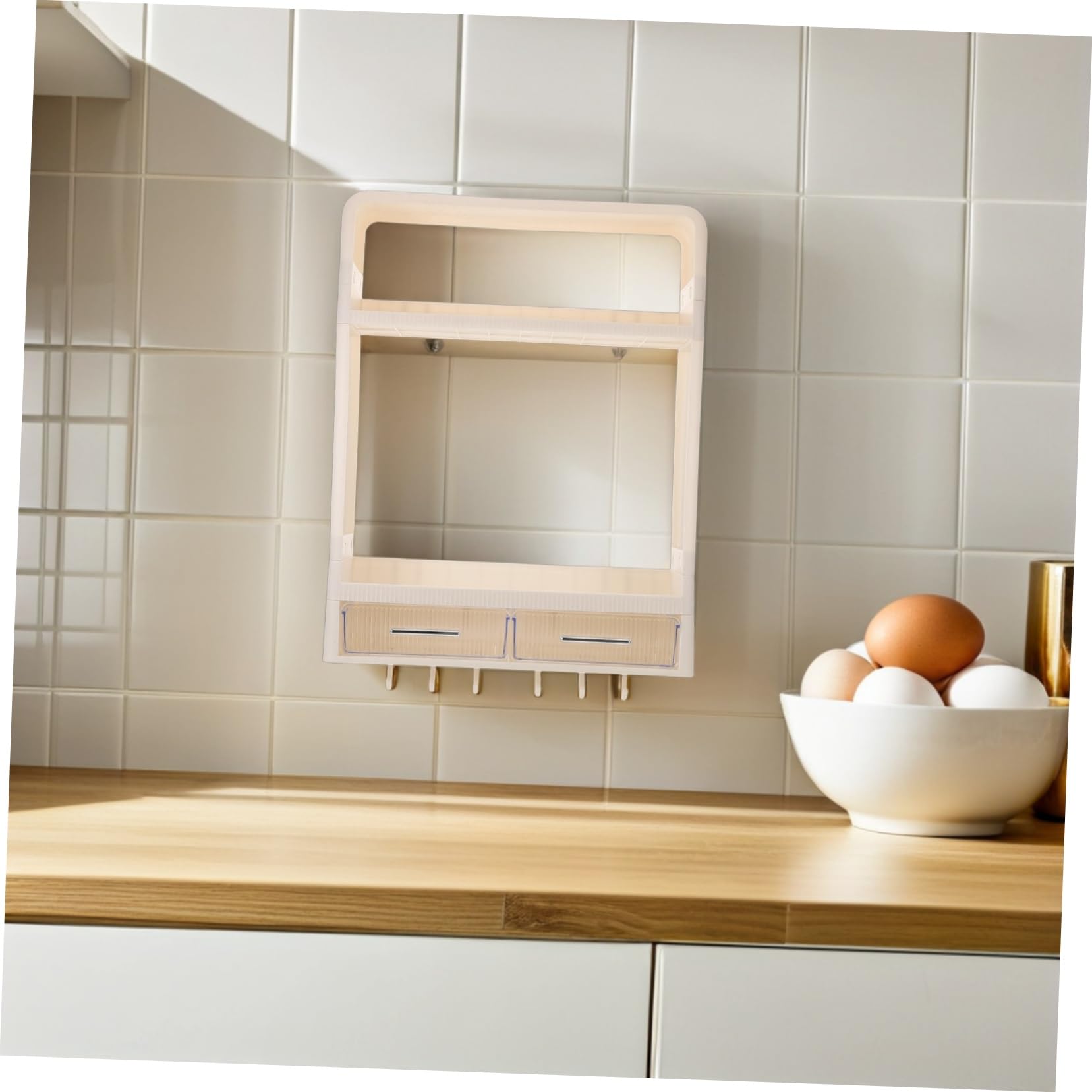 COLLBATH Organizer Przypraw Do Ścianę z Piętrowym Regałem i Szufladą Wielofunkcyjny Stojak Do Przechowywania Przypraw z Haczykami Łatwy Montaż Wiercenia Oszczędność Miejsca Małej