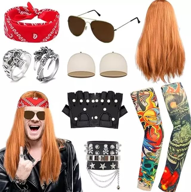 KEYIDO 10Pcs Rockstar Fancy Dress 80s Fancy Dress Men Rock Star Punk Accessories for Kids Adults Rockstar Costume with Mohican Wig Tattoo Sleeves Covers Gloves Bandana Sunglasses etc
