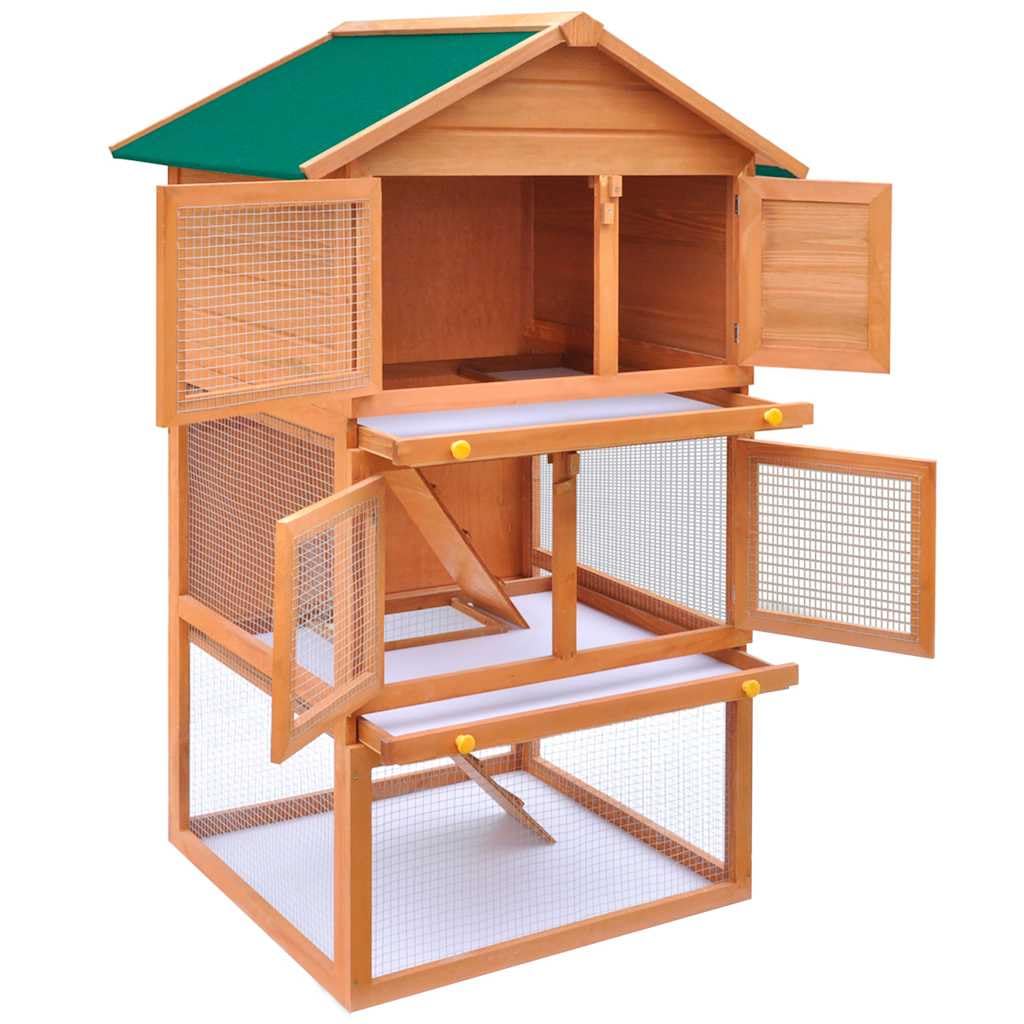 Mangloder - Conejera para animales pequeños, 3 niveles, madera, jaula para conejos y cobayas, con techo impermeable, escaleras, cajones, adecuado para exteriores, balcón y jardín