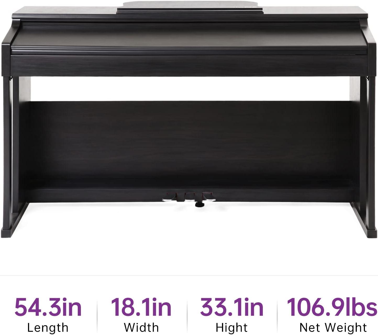 Diagram showing the dimensions of The ONE Digital Piano: 54.3 inches length, 18.1 inches width, 33.1 inches height, and 106.9 lbs net weight.
