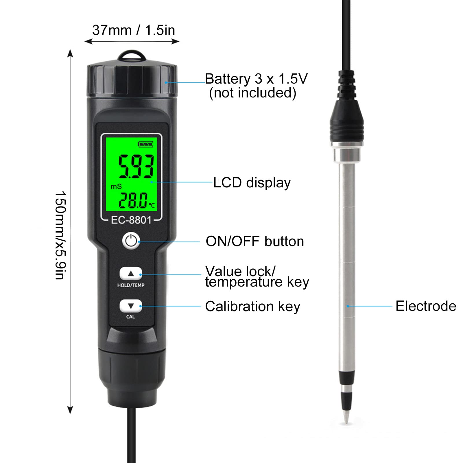 Probador EC Hidropónico Medidor de Conductividad del Suelo con Sonda Extraíble Retroiluminación LCD para Suelo Hidropónico Plantación Agrícola Diseño ABS Portátil 0-19,99 Ms/cm ±2% Precisión