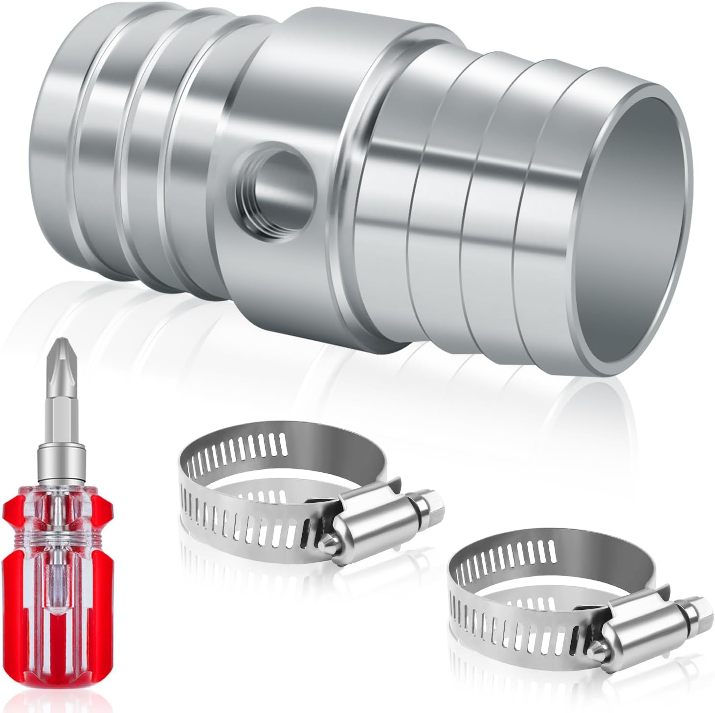 1" Radiator Hose Barb Coupler with 1/8" NPT Side Port-Aluminum 1in Steam Tube Adapter Kit, with 2pcs Stainless Steel Hose Clamps Compatible with LS Swap Steam/Coolant Crossover Splice (1 inch)