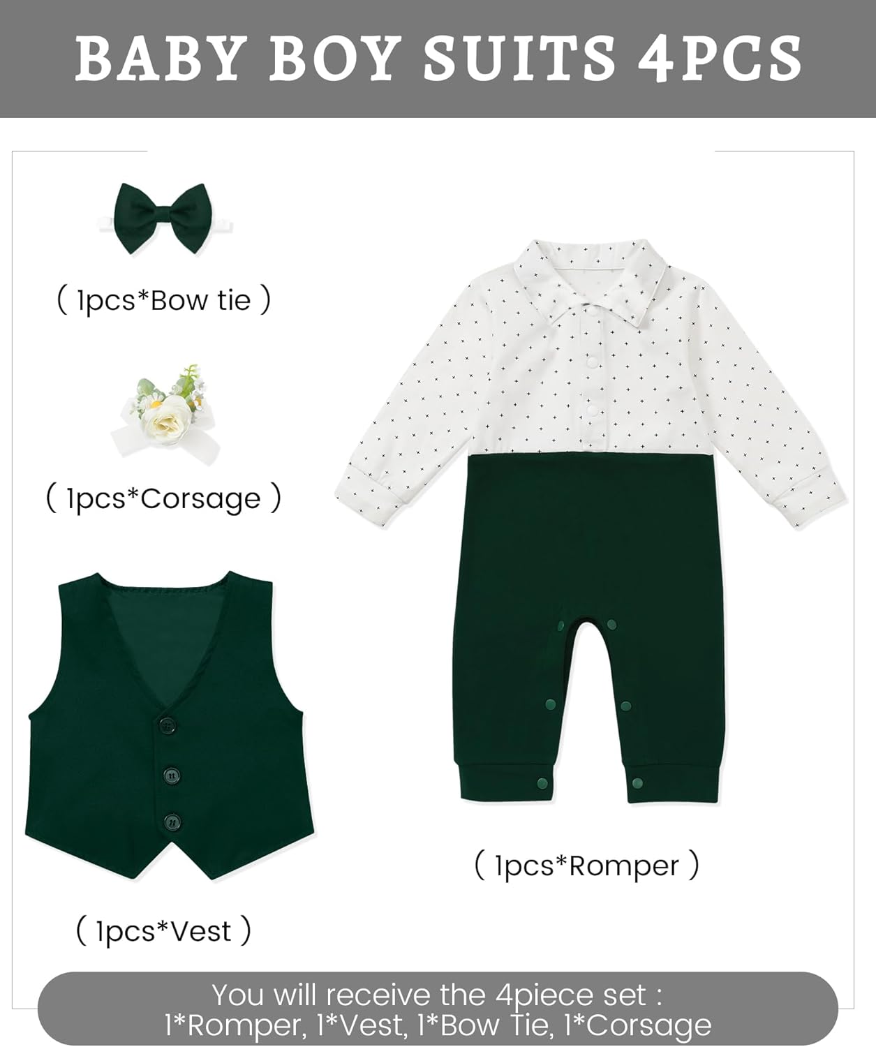 Baby Boy Suit Gentleman Clothes Wedding Outfits Formal Jumpsuit Long Sleeve Romper+Vest 0-24M - Image 4