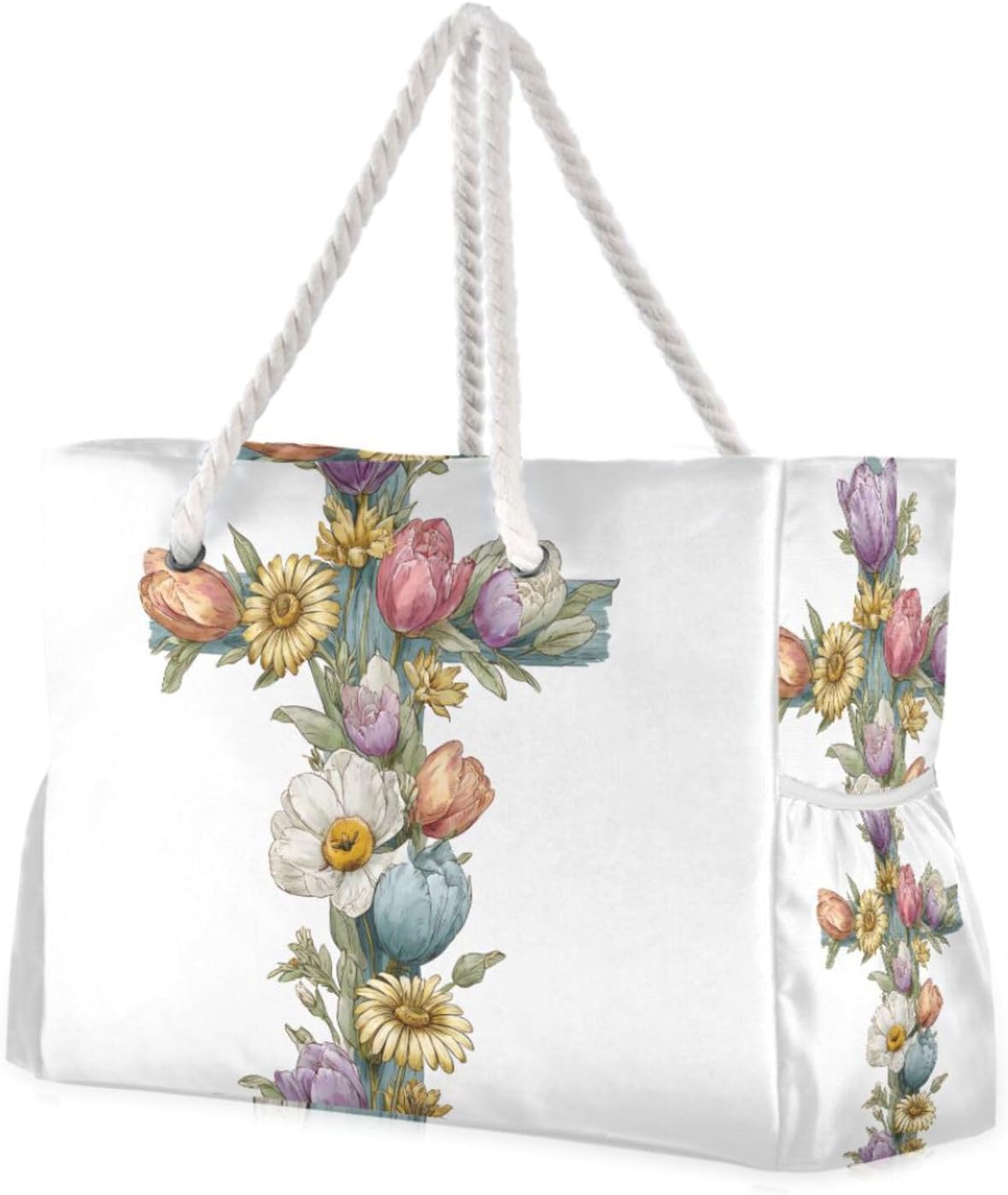 OTVEE Colorful Flower Adorned Cross Art Beach Bags for Women Ladies Large Canvas Tote Shoulder Bag Waterproof Travel Bags for Gym Swim Pool Camping