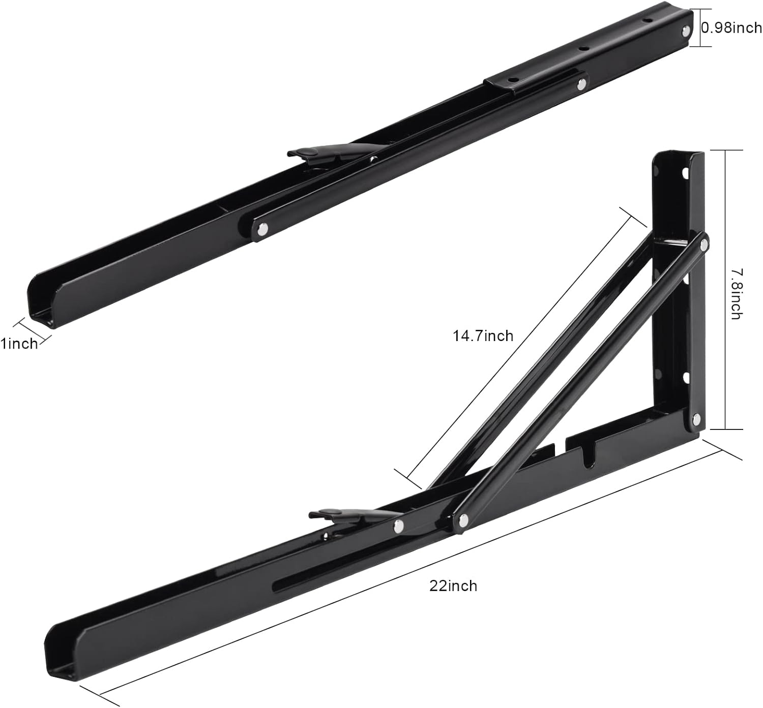 YUMORE Folding Shelf Brackets, 22 Inch Heavy Duty L Bracket, Black DIY Collapsible Shelf Bracket for Workbench Folding Table Hinge, Max Load: 330lb, Pack of 2