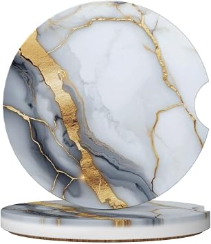 Golden Vein White Marble Print Car Coasters 2 Pack Absorbent Ceramic Cup Holder Coasters for Drinks with Non Slip Cork Base